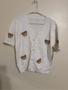 Threaded Leaf Teddy Bear Applique Knit Cardigan White NWT XL